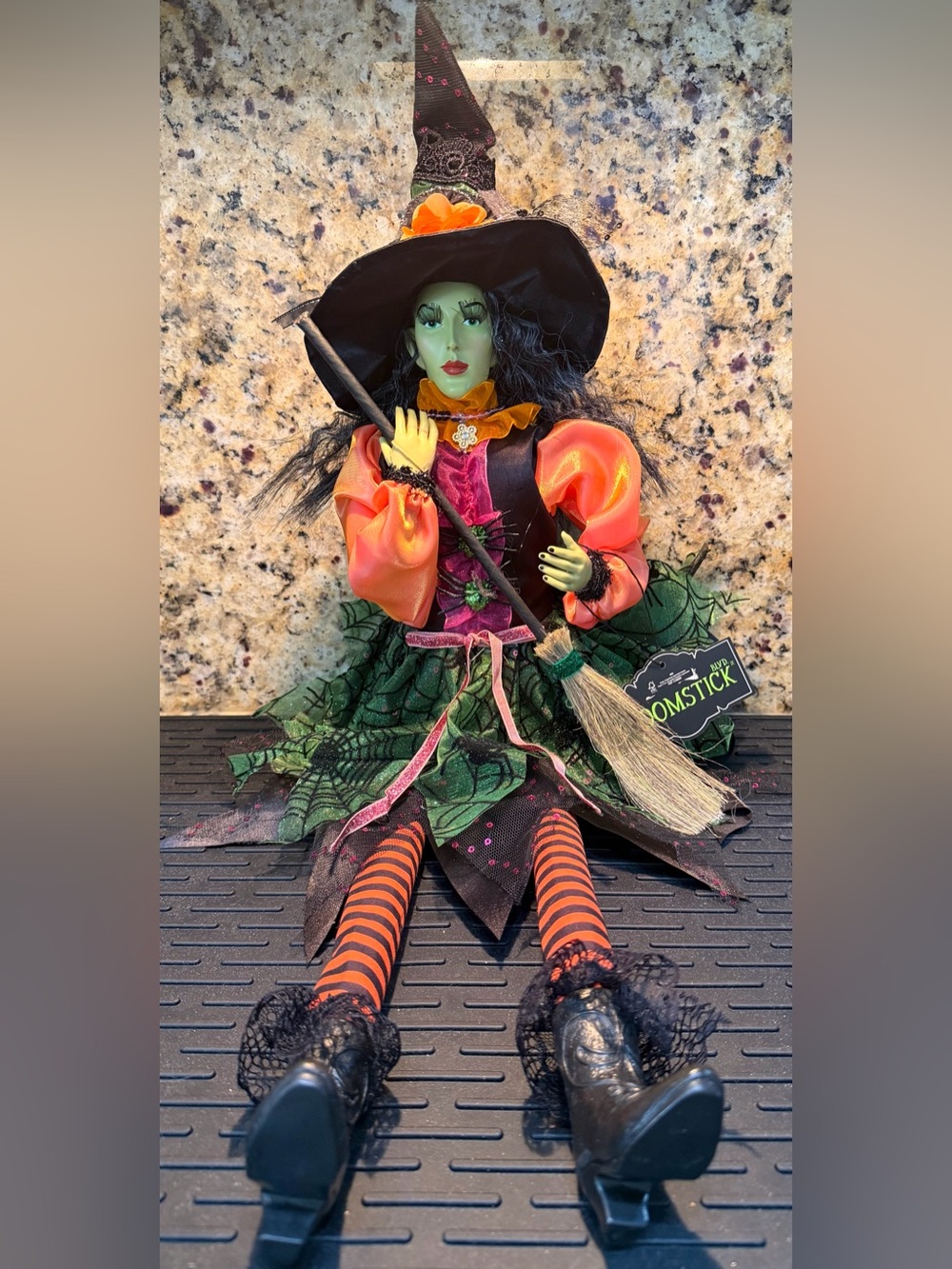 NWT Broomstick Blvd Whimsey Wendy Sitting Witch Figure Orange Striped Legs